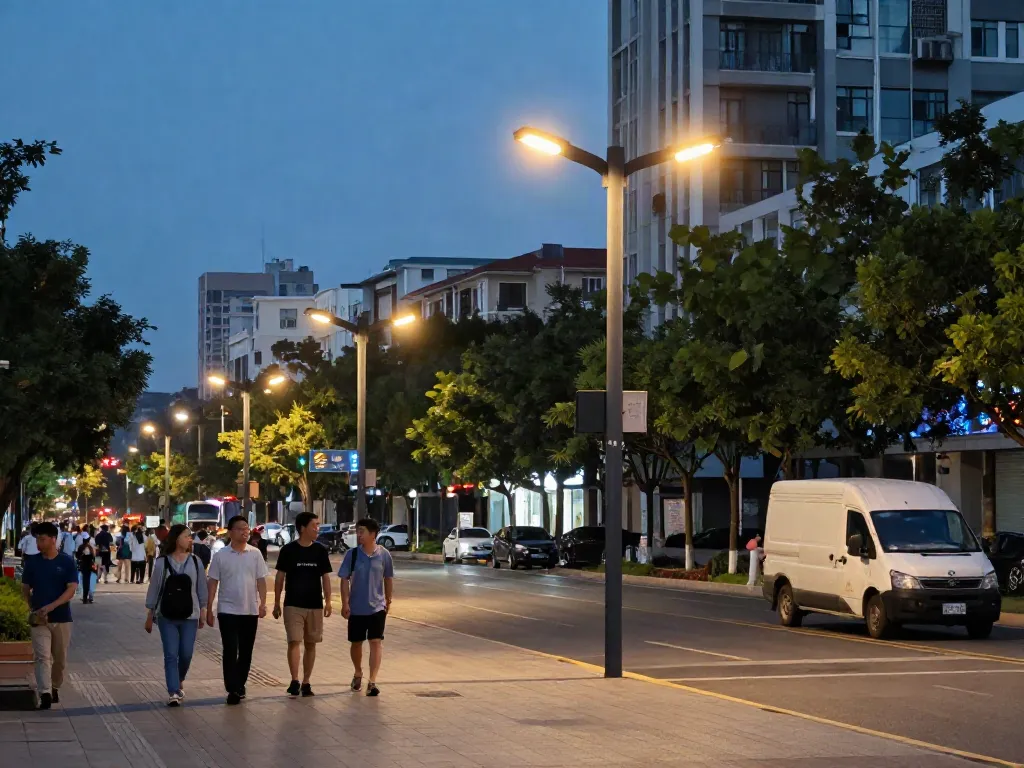 street light pole suppliers Australia illuminating urban streets with pedestrians at dusk