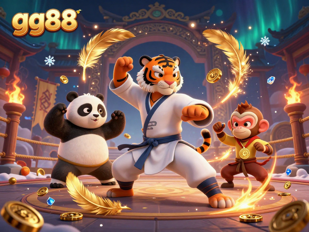 Experience the thrilling essence of gg88 with a dynamic 3D illustration showcasing a kung fu master, panda disciple, and playful monkey in an exciting casino arena.