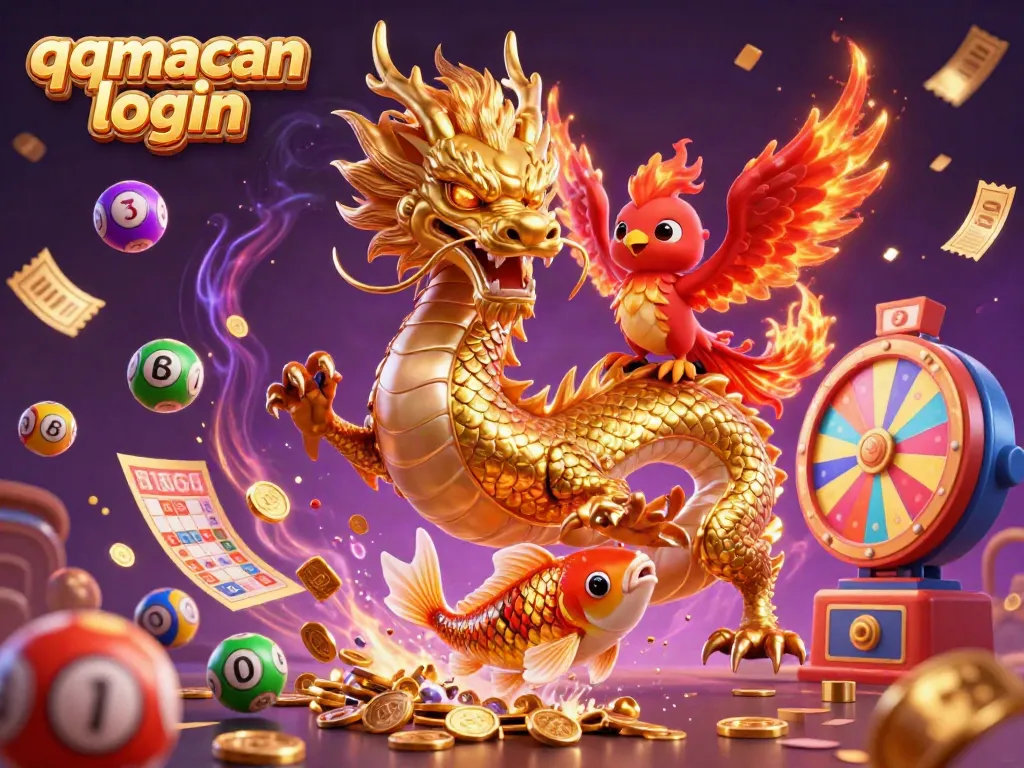 Experience the excitement of qqmacan login with a magical dragon, vibrant casino elements, and winning chances.