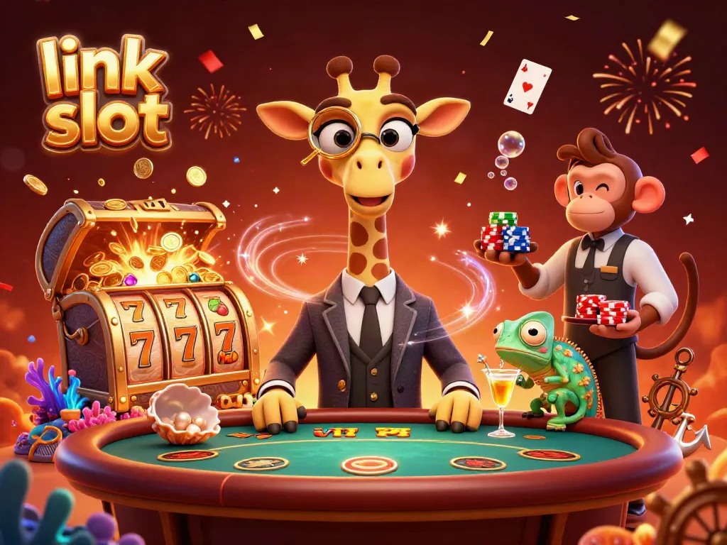 Gambarkan pengalaman terbaik bermain di link slot dengan ilustrasi 3D dan karakter kasino ikonik.