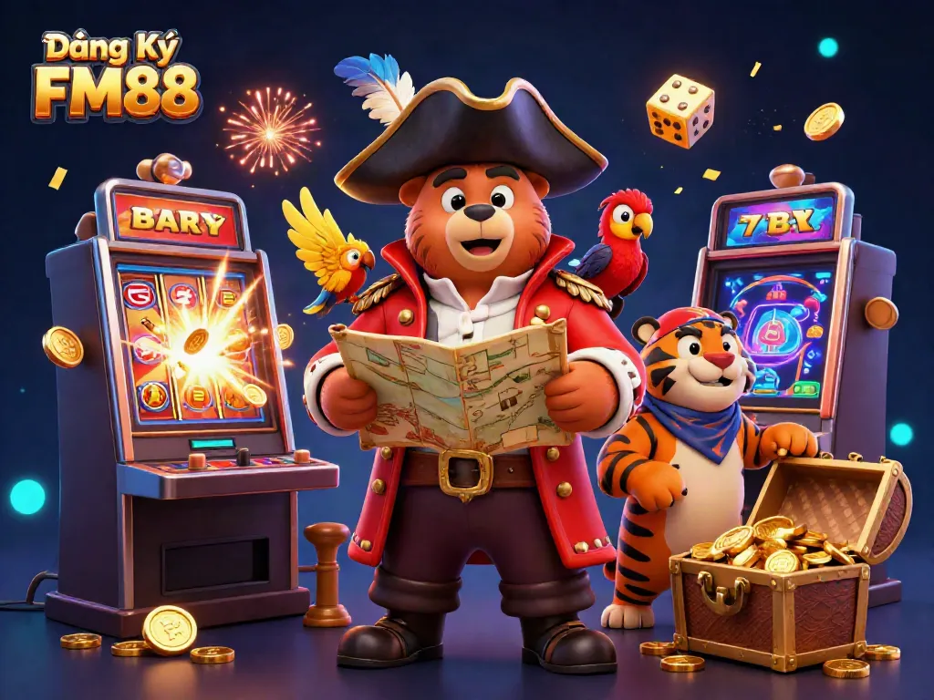 Experience the thrill of Đăng Ký FM88 with a pirate bear and his crew amidst a jackpot explosion.