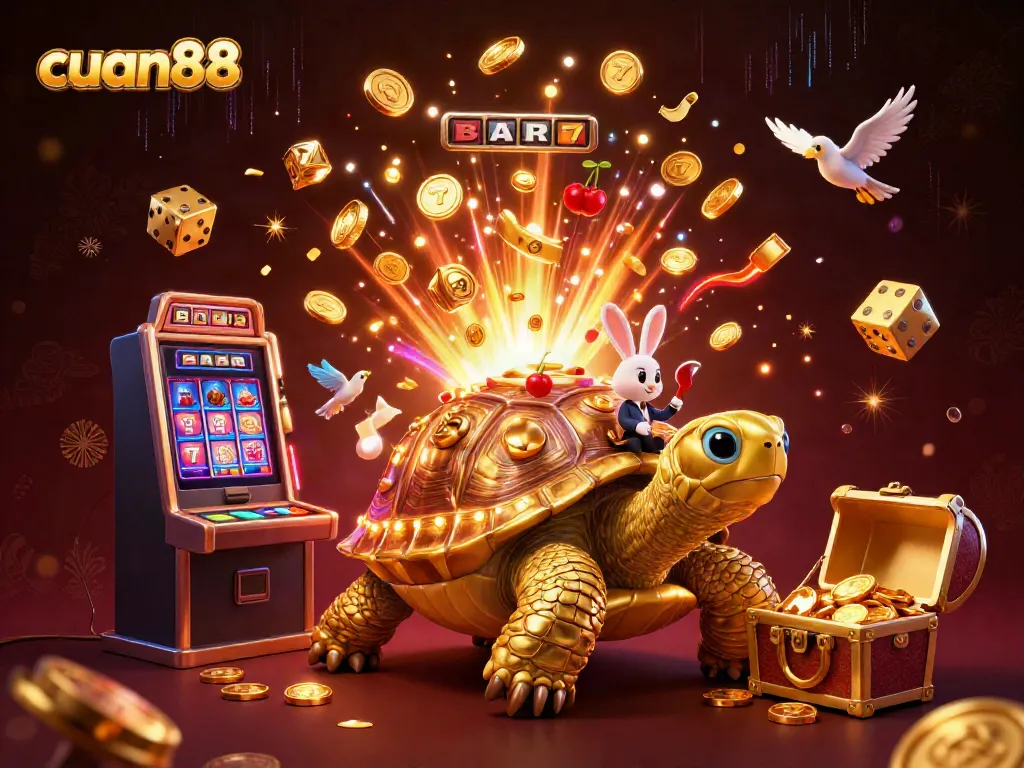 Experience thrilling gameplay with cuan88, showcasing a vibrant 3D casino scene filled with coins and excitement.