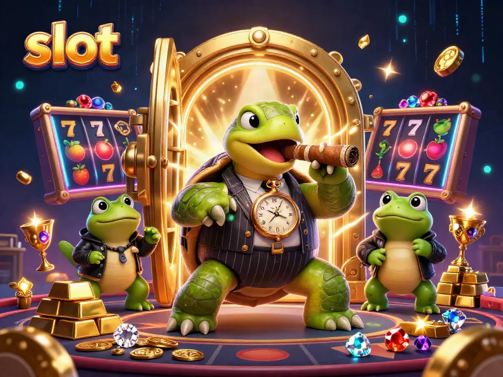 Experience thrilling slot action with a turtle mobster and frog enforcers in colorful casino art