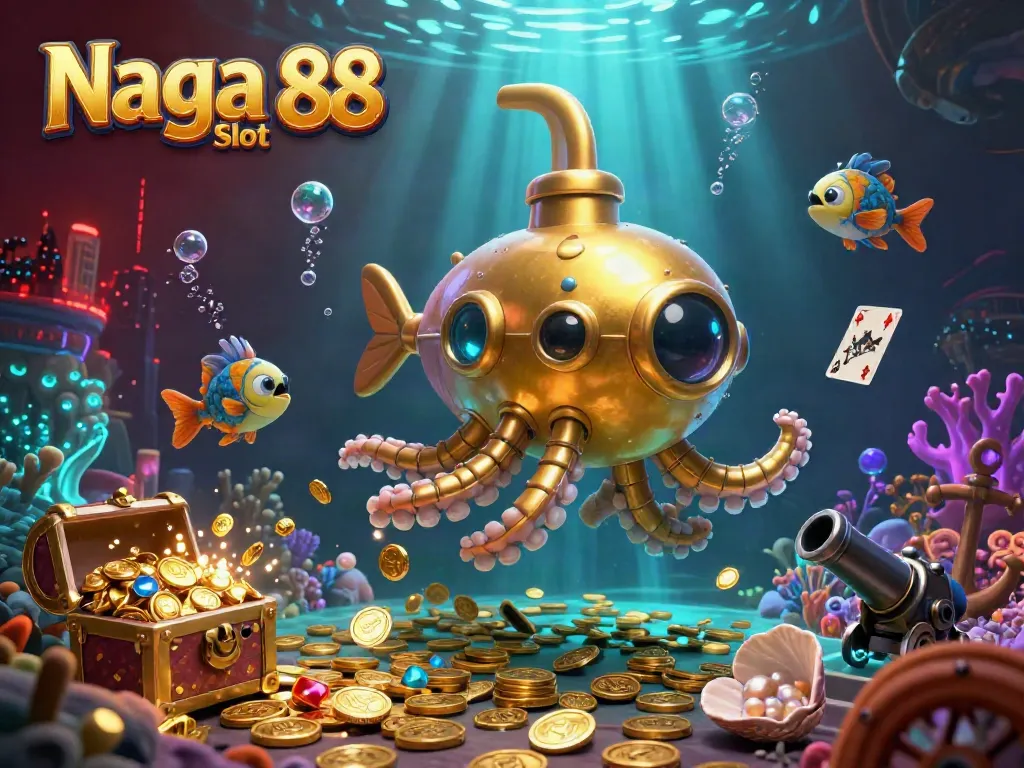 Naga Slot 88 immerses players in a vibrant, underwater-themed world of gold coins, treasure, and mechanical fish.