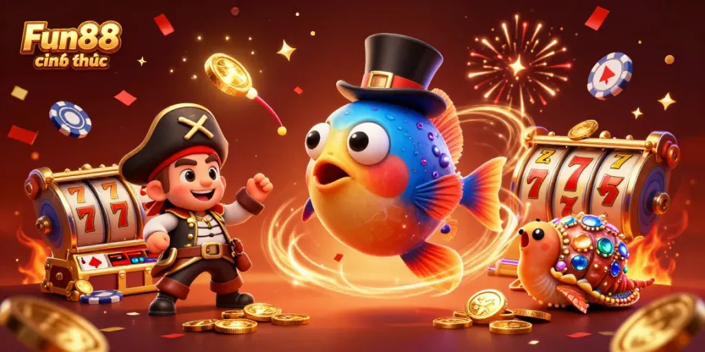 Engage in thrilling gameplay with Fun88 chính thức, featuring vibrant characters amidst dazzling slot reels and golden coins.