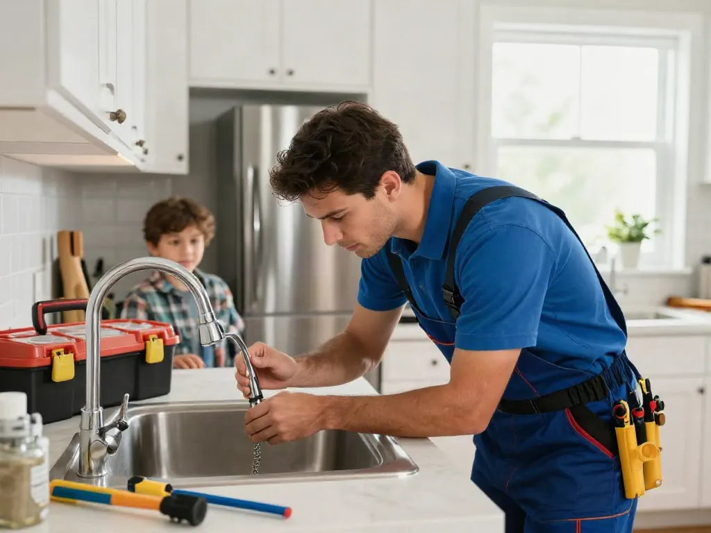 Professional plumber London repairing a kitchen sink faucet, showcasing trusted plumbing expertise in a family-oriented home setting.