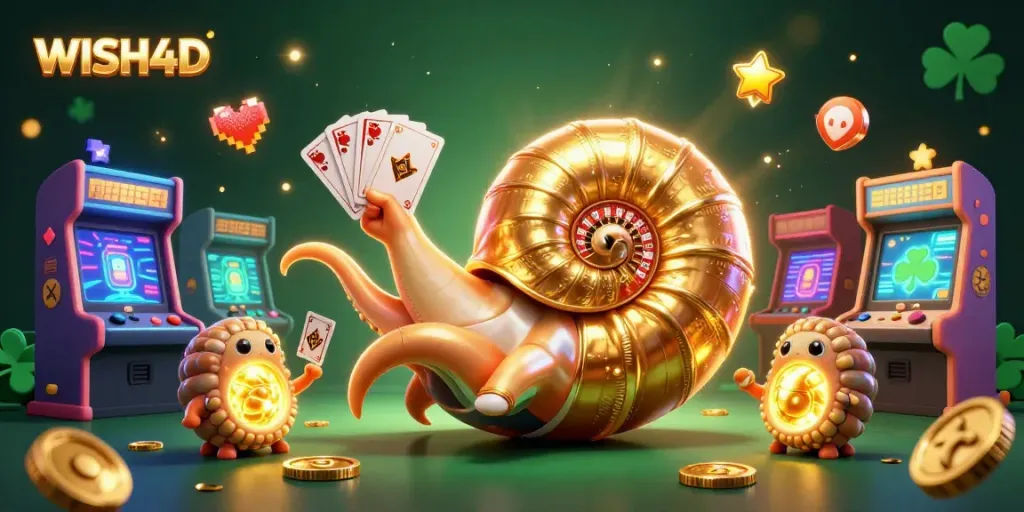Engage with WISH4D's vibrant 3D casino illustration showcasing colorful games and thrilling rewards.