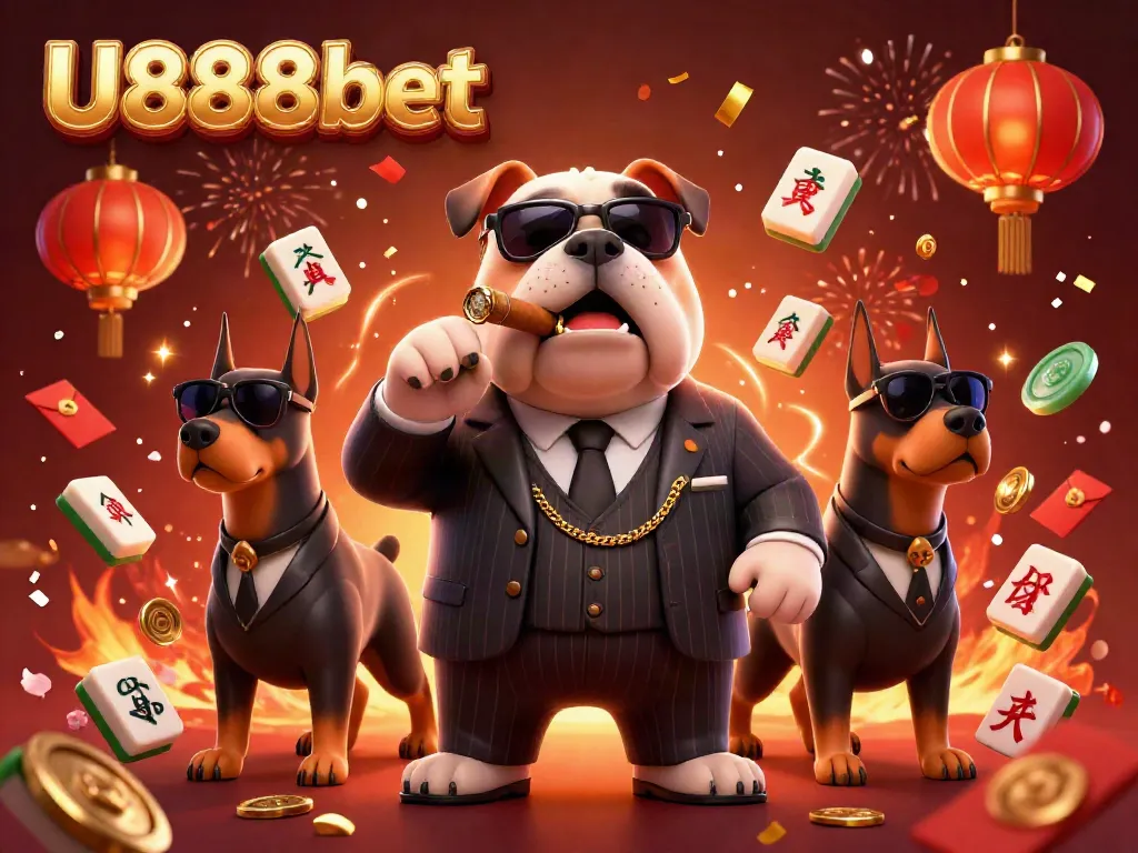 U888bet mafia bulldog and Doberman guards celebrate wins amid vibrant casino elements.