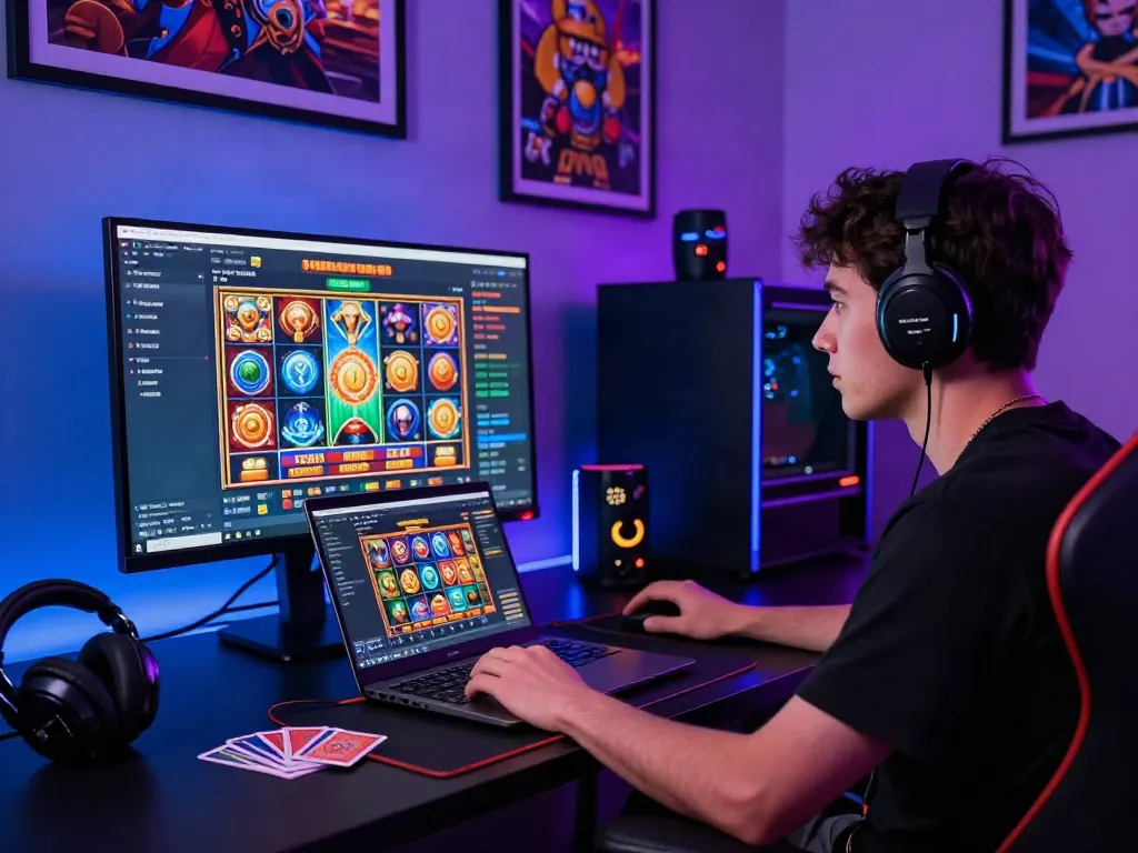Gamer exploring slot gacor demo features in dynamic online gaming setup with vibrant visuals.