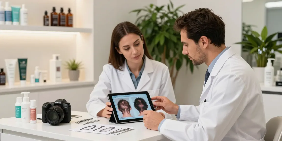Hair transplant Istanbul consultation scene with surgeon and patient reviewing results, showcasing expertise and advanced techniques.