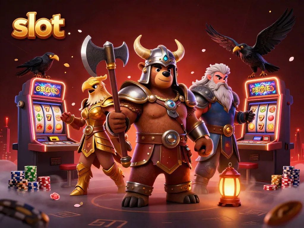 Menampilkan simbol slot dan mesin permainan slot di latar belakang festival kasino yang hidup.