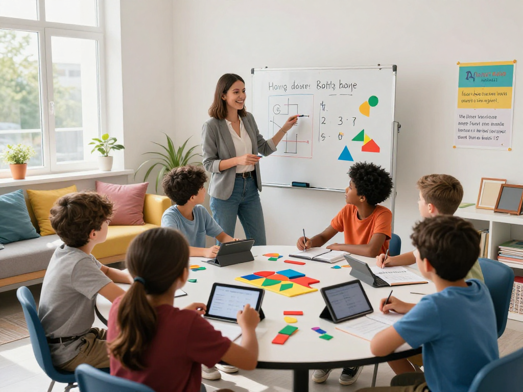 Interactive classroom with Maths tutors guiding diverse students through engaging activities, fostering collaboration and learning.