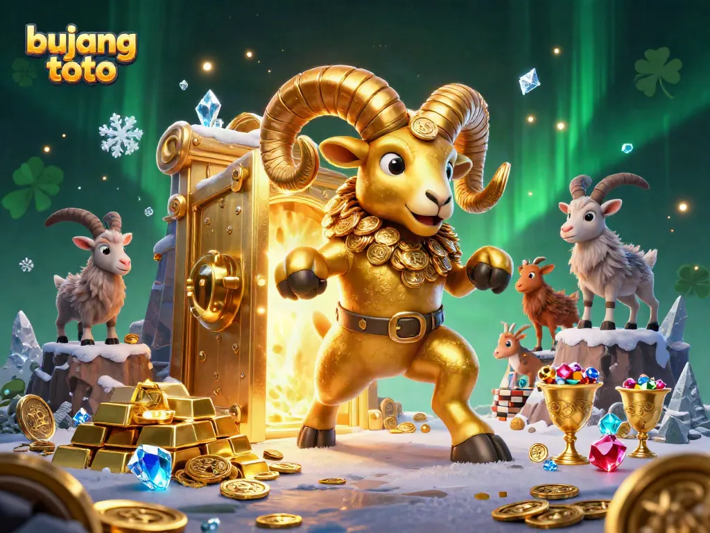 Experience thrilling jackpots with bujang toto in an ultra-detailed casino illustration of golden ram and treasures.