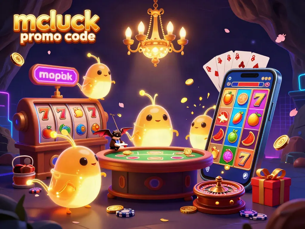 Experience excitement with the mcluck casino promo code lighting up a vibrant cave casino scene with glowing characters and games.