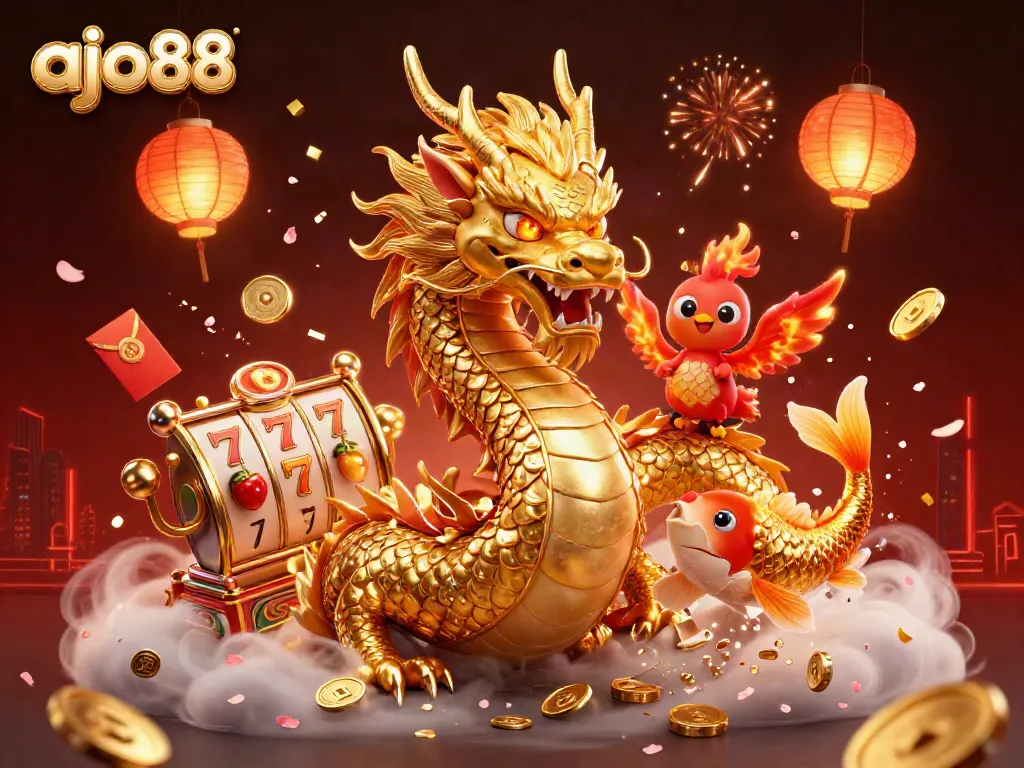 Permainan slot gacor di AJO88 dengan naga emas, phoenix merah, dan ikan koi beruntung terbang di koin emas.