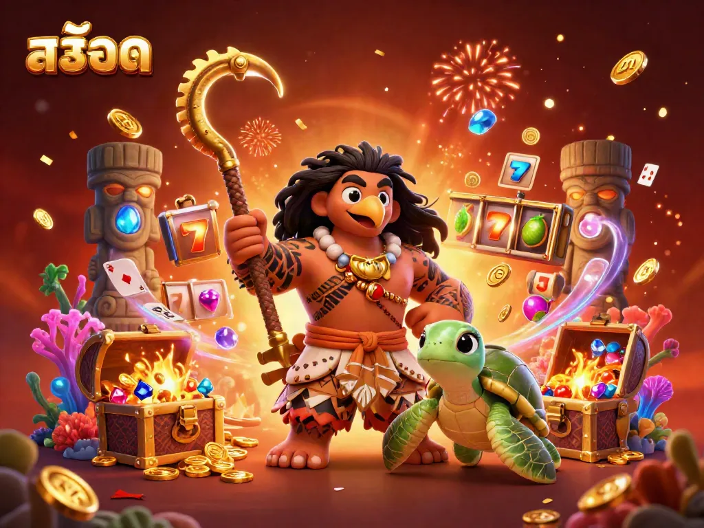 Engage in thrilling สล็อต adventures with smiling animated characters, treasure chests, and casino elements.