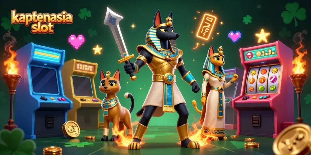Gambarkan kaptenasia slot dengan karakter Anubis dan Bastet serta elemen permainan mengesankan.