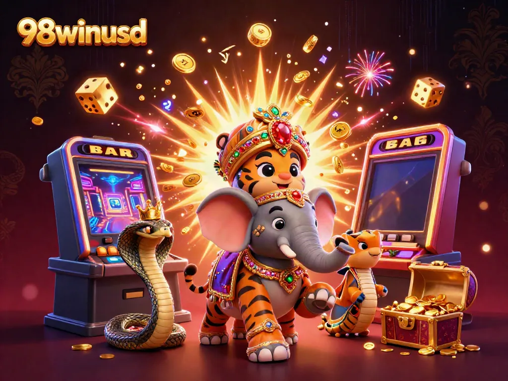 Experience the vibrant world of 98winusd with a cartoon tiger, elephant, and massive slot machine bursting with coins.
