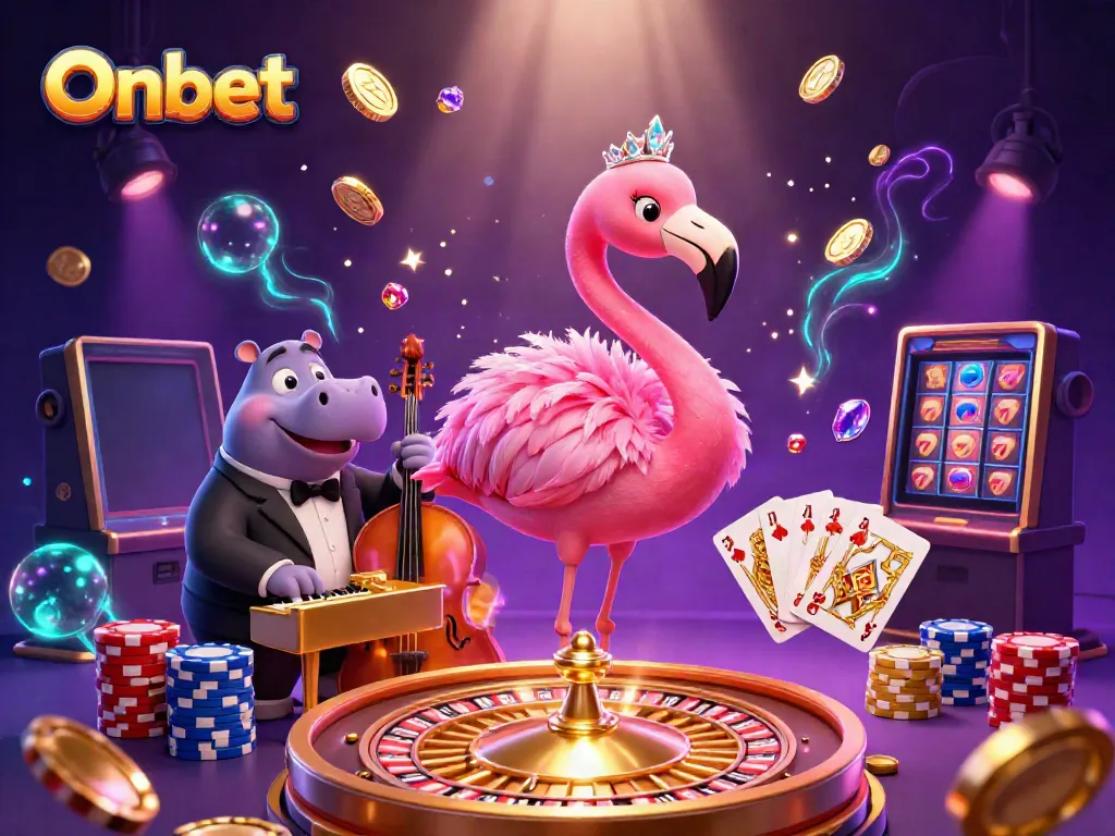 Engaging illustration of Onbet's casino ambiance with a flamingo singer, hippo bassist, and dynamic gaming elements.