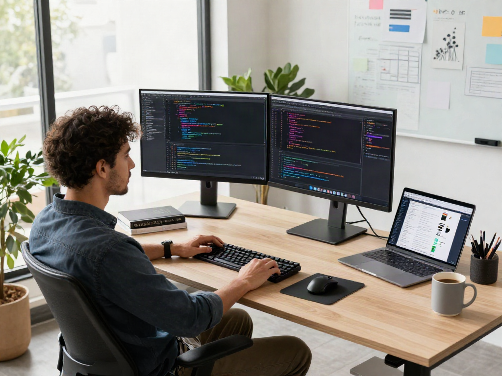 Workspace pengembangan perangkat lunak dengan programmer, fokus pada 快连下载 dan desain aplikasi.