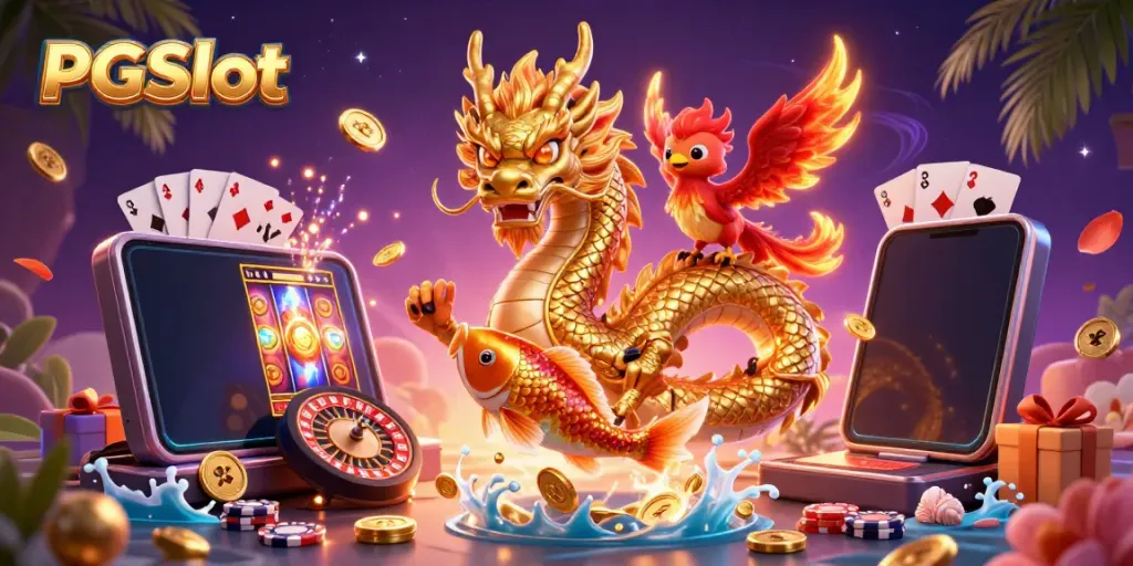 Engage in PGSlot action with vibrant characters, coins, and slot game elements in a dynamic casino scene.