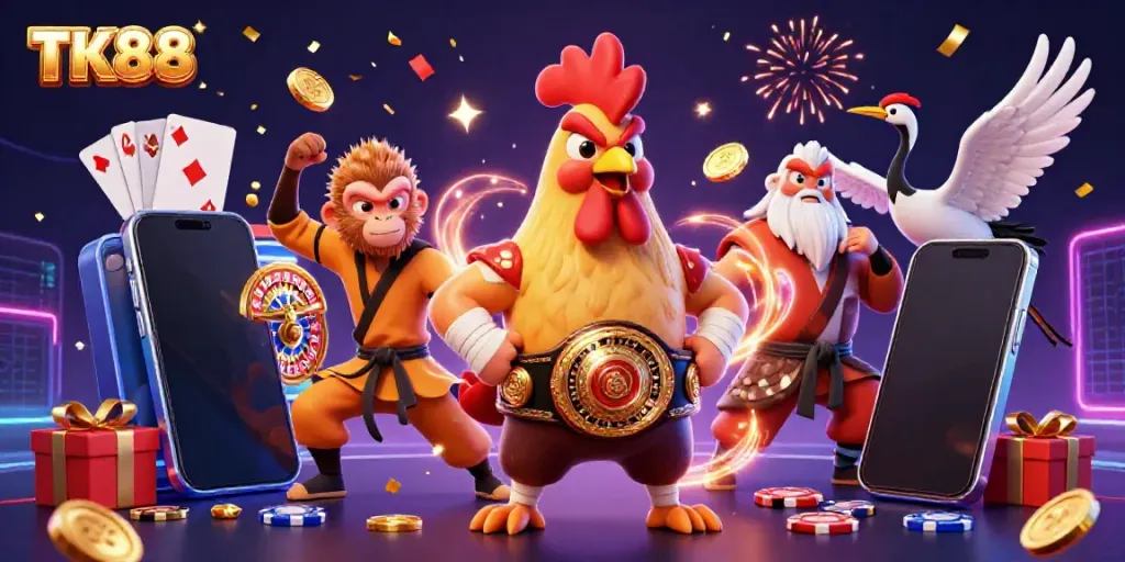 Experience exciting gaming with TK88 featuring a Muay Thai rooster, Shaolin monkey, and a crane master amidst dynamic slot game action.
