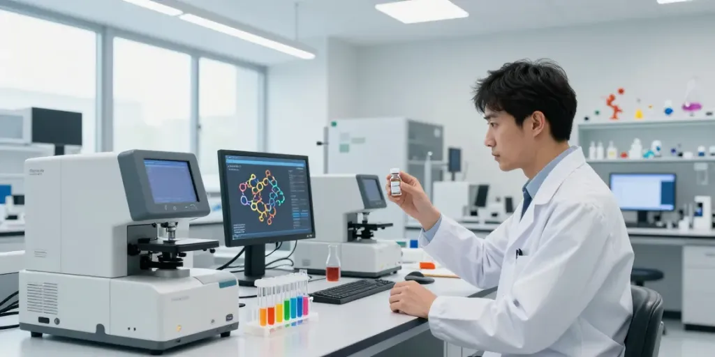 Pinealon peptide vials being analyzed in a modern research lab.