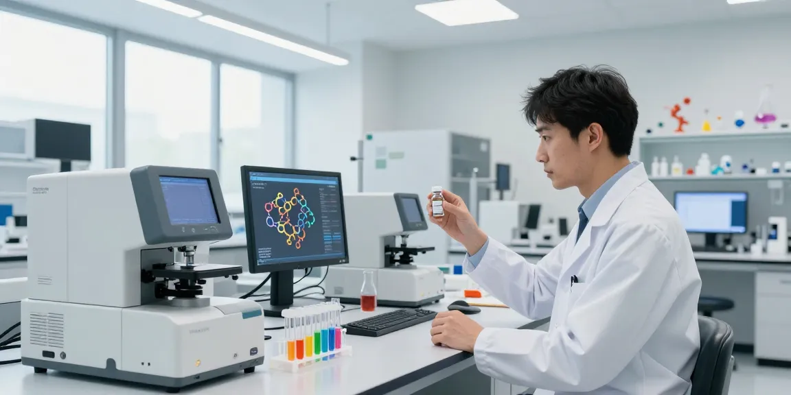 Pinealon peptide vials being analyzed in a modern research lab.