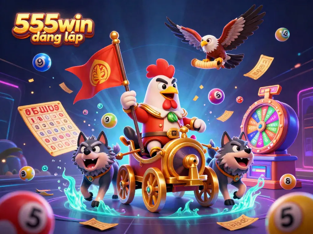 Experience the excitement of 555win đăng nhập with a vibrant 3D scene of a rooster warlord amidst golden chariots and dynamic lottery elements.