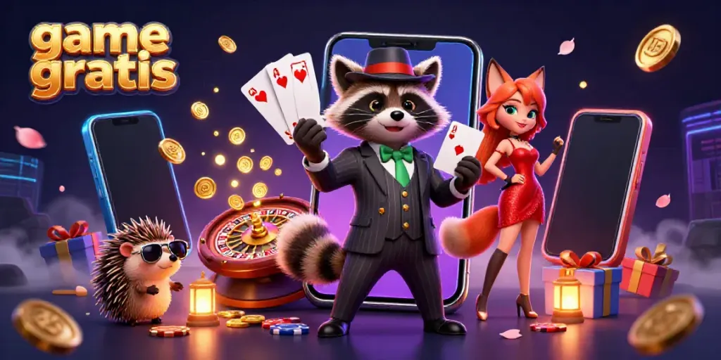 Experience game gratis action with charming 3D cartoon raccoon, fox, and hedgehog in an exciting casino scene.