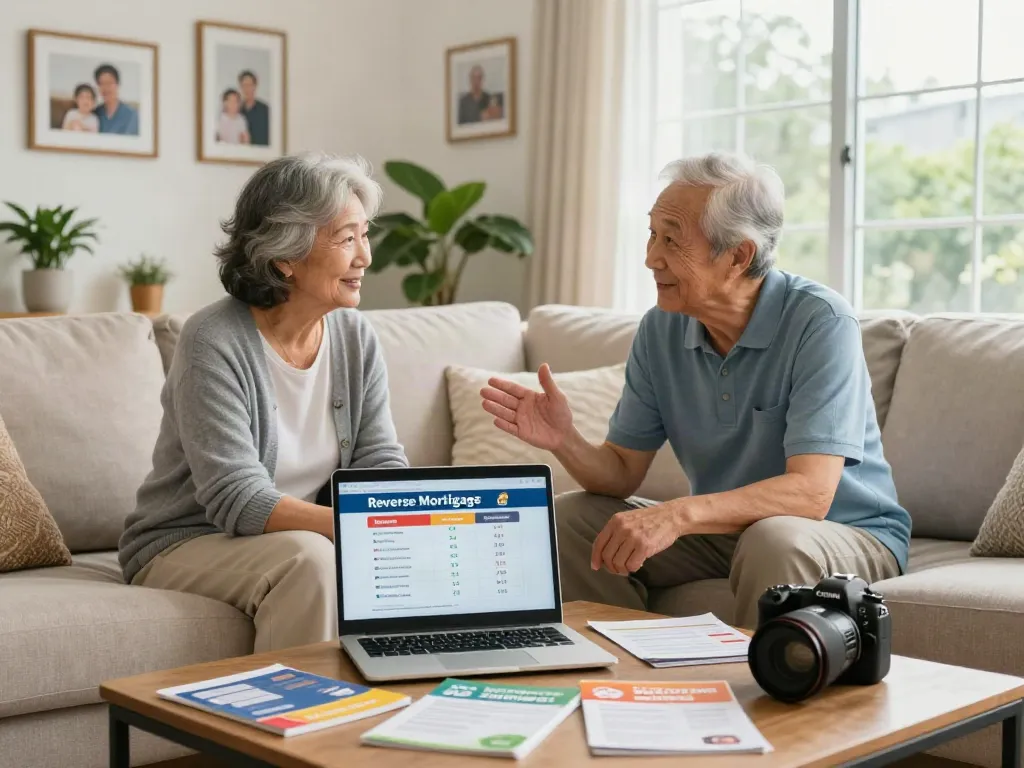 Cozy living room with a retired couple exploring which banks offer reverse mortgages in Australia.