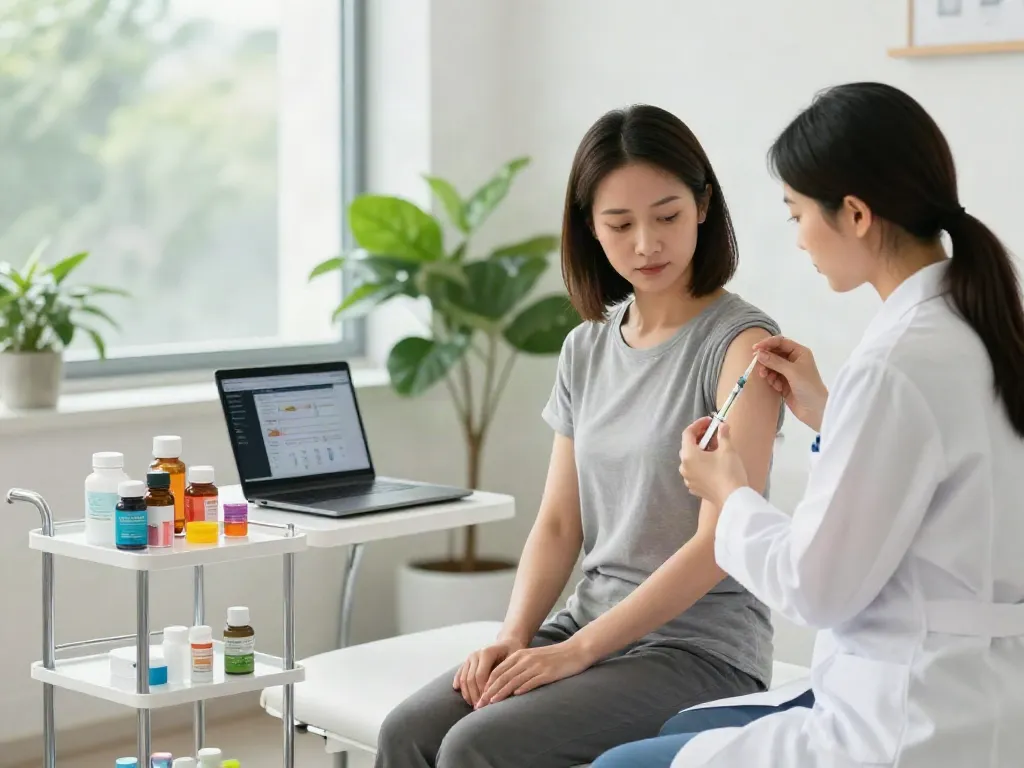 Wellness studio scene showcasing Lipo C with B12 injection procedure, emphasizing health and energy.
