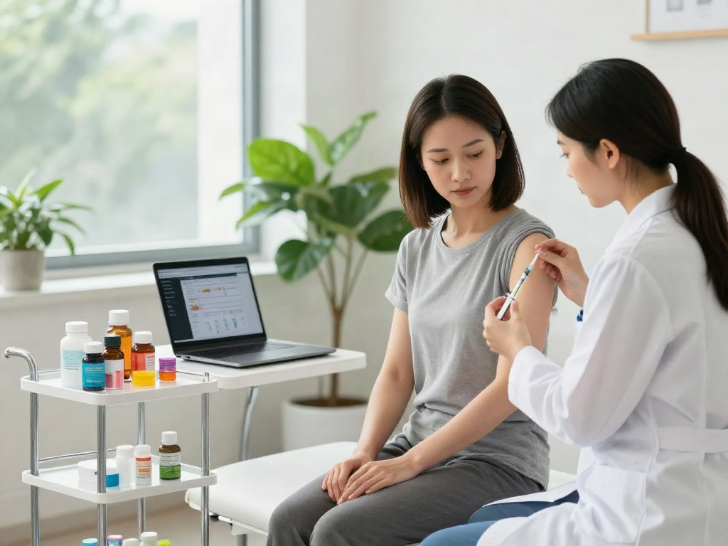 Wellness studio scene showcasing Lipo C with B12 injection procedure, emphasizing health and energy.