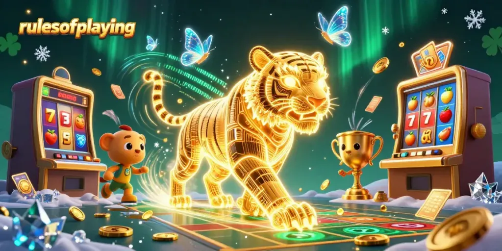 Winning big at slots on rulesofplaying as a golden tiger and fruit symbols light up the casino.