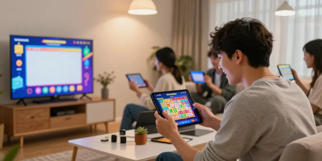 Pengguna Dewatogel sedang bersemangat memainkan togel online di ruang tamu yang modern.