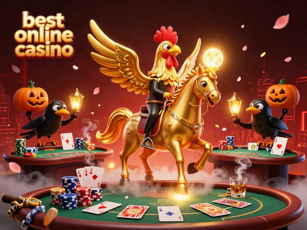 Golden rooster in a midnight casino setting, representing the best online casino with poker action and lively atmosphere.