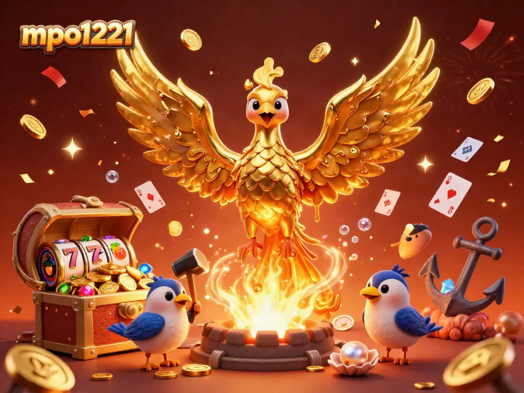 Experience thrilling gameplay with mpo1221 as liquid gold coins fall from a molten phoenix amidst festive casino excitement.