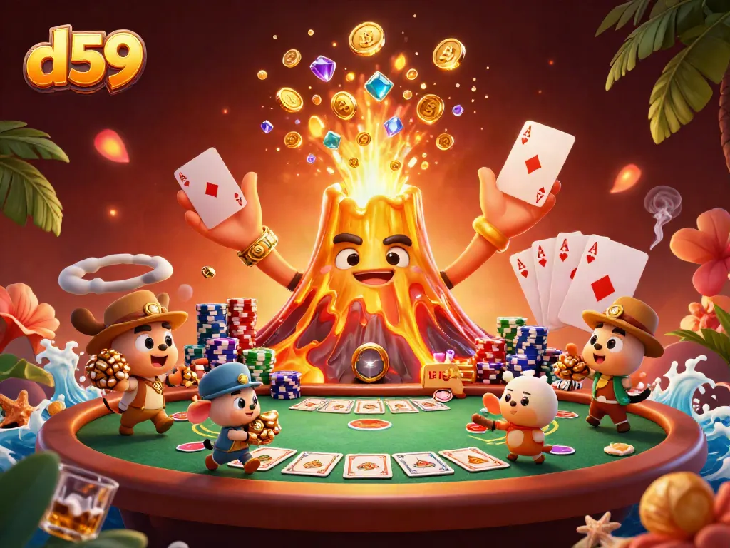 Engage with d59 at thrilling card games as treasure erupts from a golden volcano