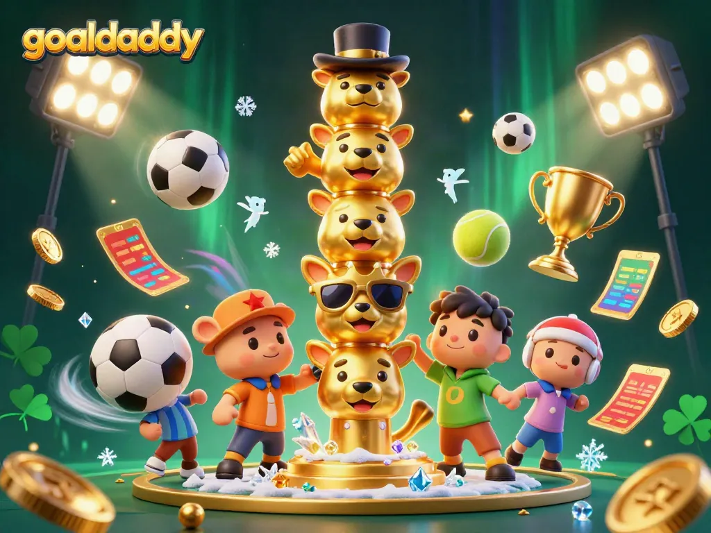 Engage with goaldaddy online gaming excitement featuring a vibrant 3D totem pole amidst dynamic sports elements.