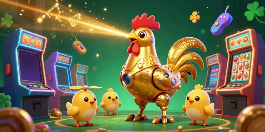 Experience the thrilling world of raja99 with a dynamic 3D casino scene featuring a golden rooster robot and colorful slot game elements.