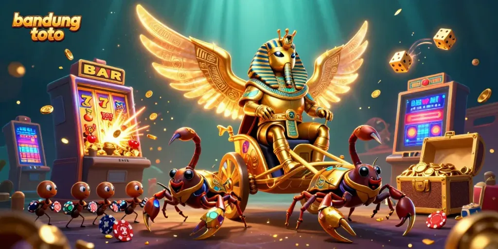 Experience the thrill of bandung toto with a vibrant gambling illustration featuring slot machines, dice, and more.