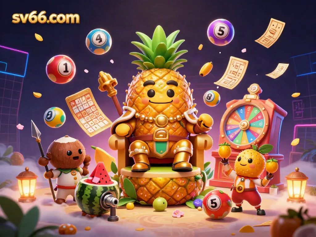 Engage with sv66 com in an exciting beach casino scene featuring a golden pineapple king and colorful lottery elements.