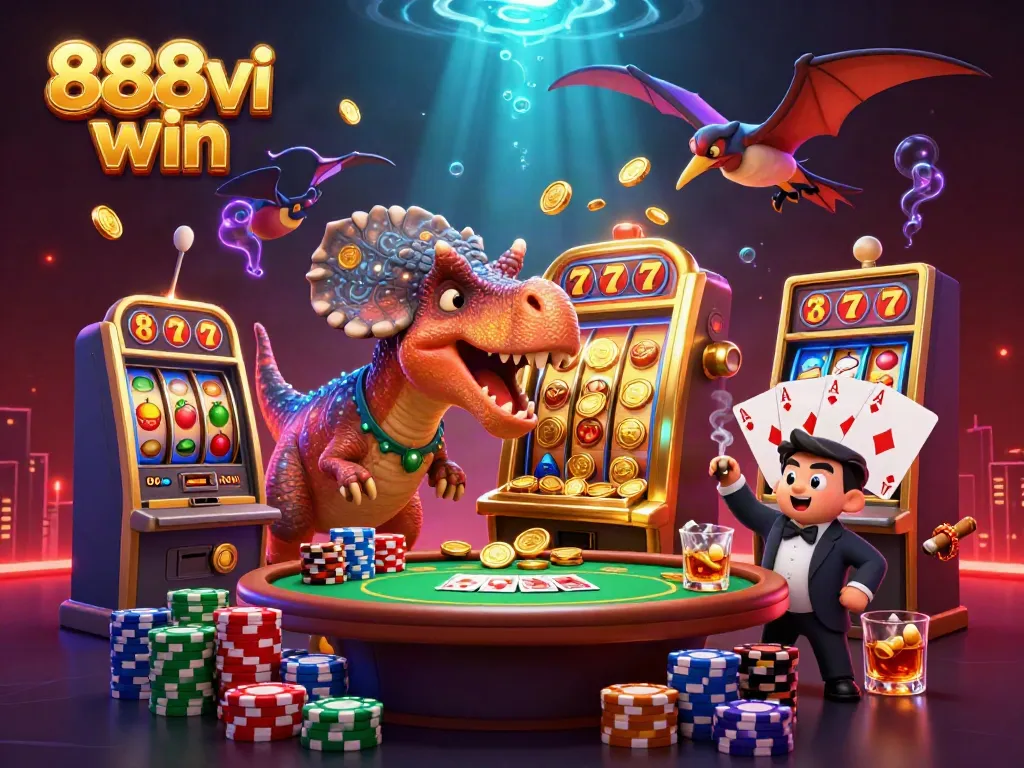 Experience an exciting 888vi win as a pachycephalosaurus interacts with a slot machine amidst a dynamic casino scene.