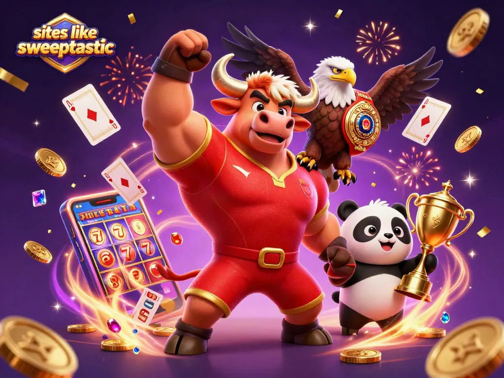 Experience excitement with sites like sweeptastic as casino characters celebrate big wins amidst flying gems and coins.