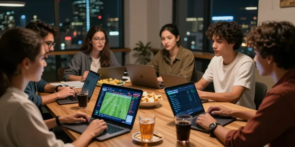 Engaged group analyzing soccer match statistics on WWBOLA platform with high betting odds.