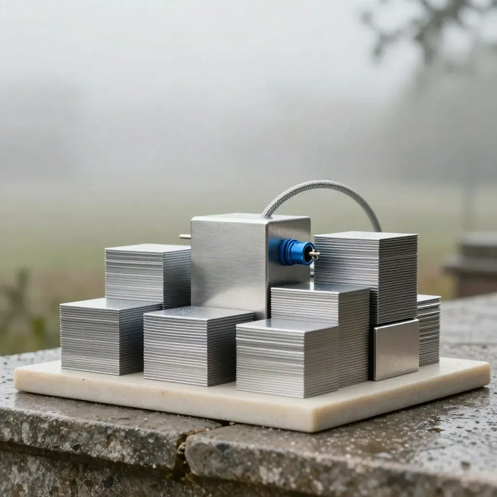 Brushed metal planning blocks and braided cable on pale stone in rainy mist