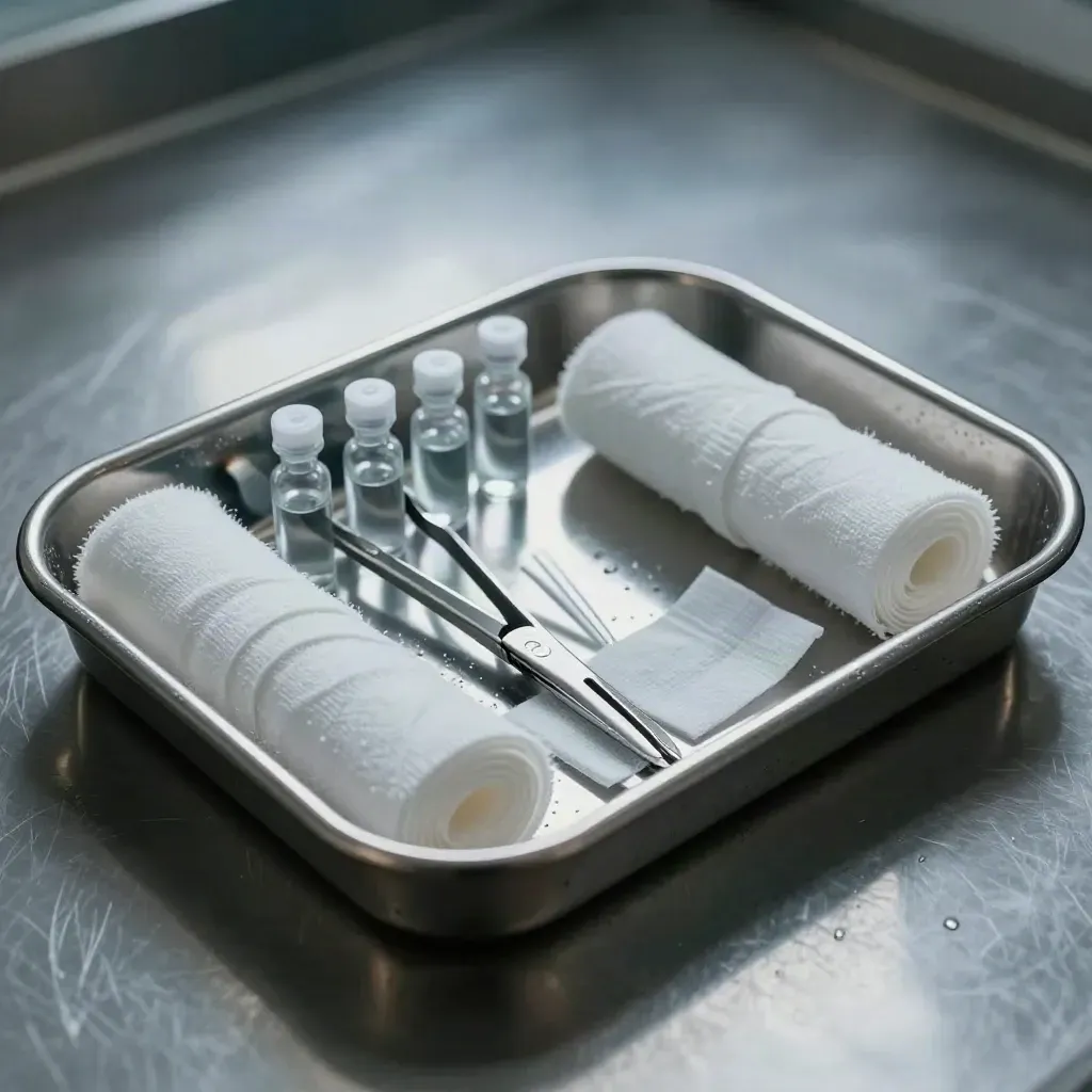 Medical tray with forceps, ampoules, and gauze rolls, shot in cool macro detail.