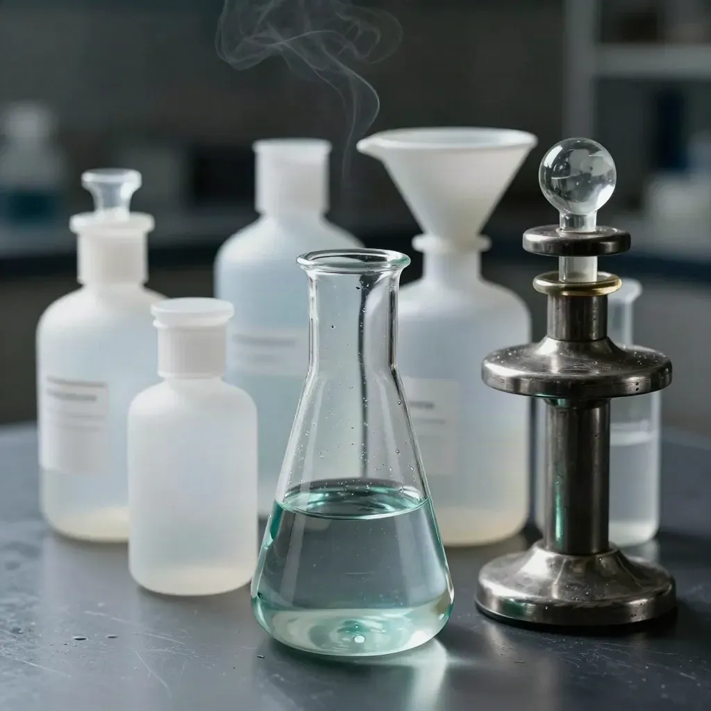 Biotech lab glassware on brushed metal, with teal reflections, dramatic light, and faint haze.