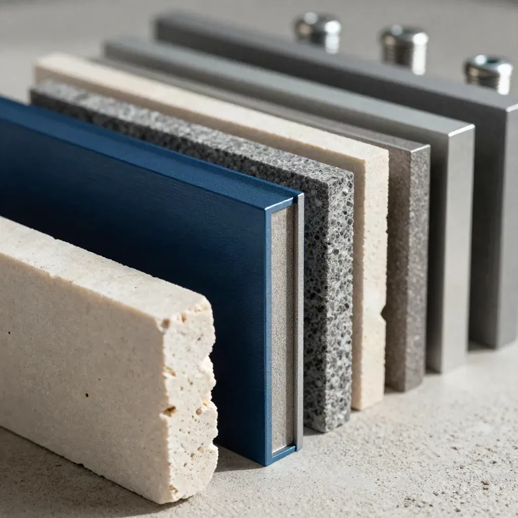 Stone chips, anodized bracket samples, corner joints, and fasteners stacked on pale concrete.
