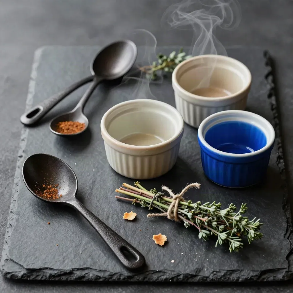 Overhead culinary tasting still life with spoons, ramekins, herbs and steam on slate.